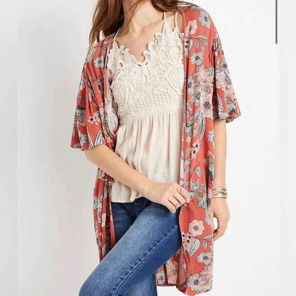 Maurices Rust Orange Multicolor Floral Print Flutter Sleeve Kimono Small Women’s - Picture 10 of 10